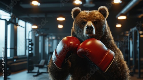 A humorous take on training, featuring a bear standing up with red boxing gloves on, in a gym environment.