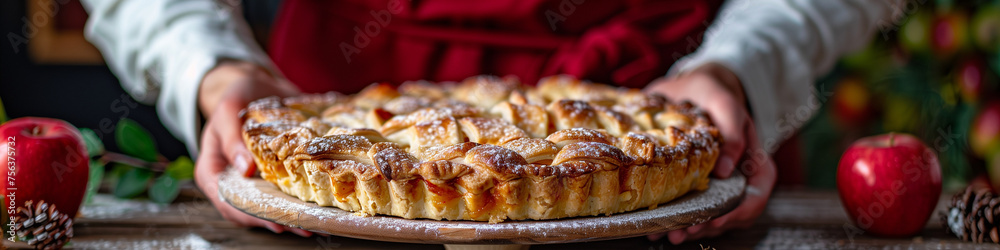 Panoramic banner with ah homemade apple pie presented by baker Panoramic banner with ah homemade apple pie presented by baker