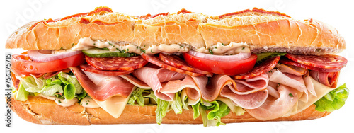 Italian sub sandwich with salami, pepperoni, ham, provolone cheese, lettuce, tomato, onion, and Italian dressing on a baguette, isolated on a transparent background photo