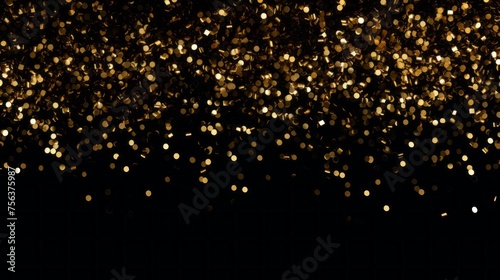 Festive Texture with falling sparkling golden confetti on a black background. The concept of a holiday, a victory, a lottery win, a layout with a copy space.