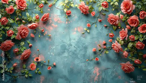 pink roses against a blue wall with copy space
