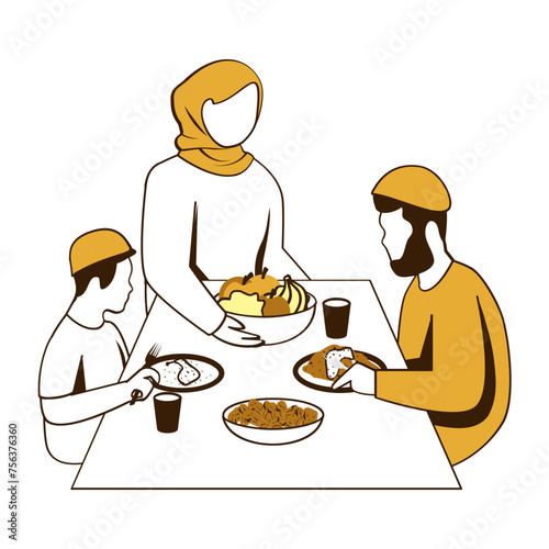 Arranging the table with care before iftari concept  Family taking evening meal and break the fast vector design  Ramazan and Eid al-Fitr Symbol Islamic and fasting Sign  Arabic holiday celebration