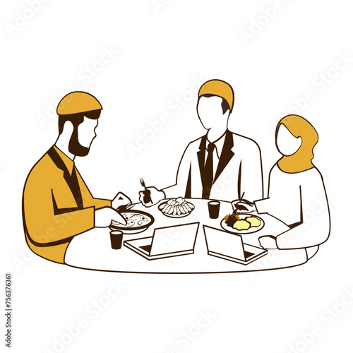 Sharing the iftar meal with colleagues at the office concept, harmony during Ramazan vector design, Ramazan and Eid al-Fitr Symbol, Islamic and fasting Sign, Arabic holidays celebration illustration