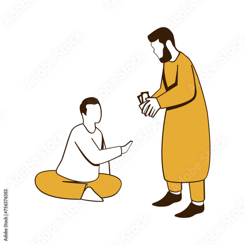 Distributing Zakat Concept, Cash Giving to Needy Poor Brother vector icon Design, Ramazan and Eid al-Fitr Symbol, Islamic and Muslims fasting Sign, Arabic holidays celebration stock illustration 