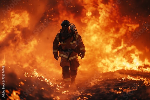 A firefighter walks towards a massive blaze, fully geared and ready for action © Darya Lavinskaya