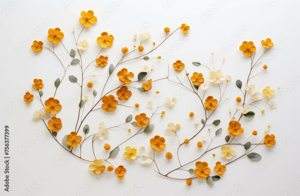White background with a yellow and white flower and branches.