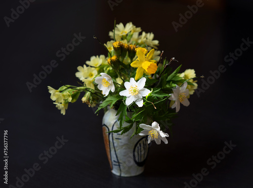 Bouquet of Cowslip, Wood Anemone, Daffodils flowers in a decorative, mini vase © ala