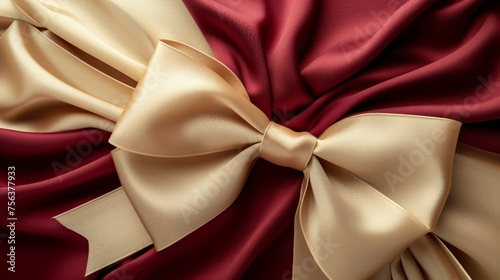 Festive red and gold bow on satin fabric background, closeup shot perfect for holiday greeting cards