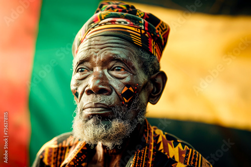 bright eyed black old man wearing ethnic clothing , on the background pan-African flag,