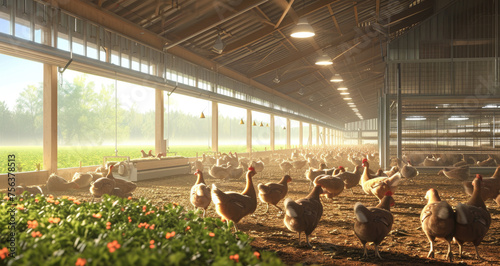 A large flock of chickens are in a barn with a field visible in the background photo