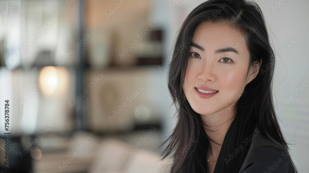 Fototapeta premium Confident professional woman with a serene expression in modern office surroundings.