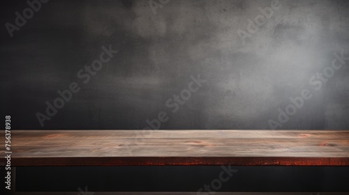 An empty brown wooden countertop against a dark gray concrete grunge wall. Horizontal Banner, Luxury Template, Layout, showcase, platform for demonstration, Presentation of goods. photo