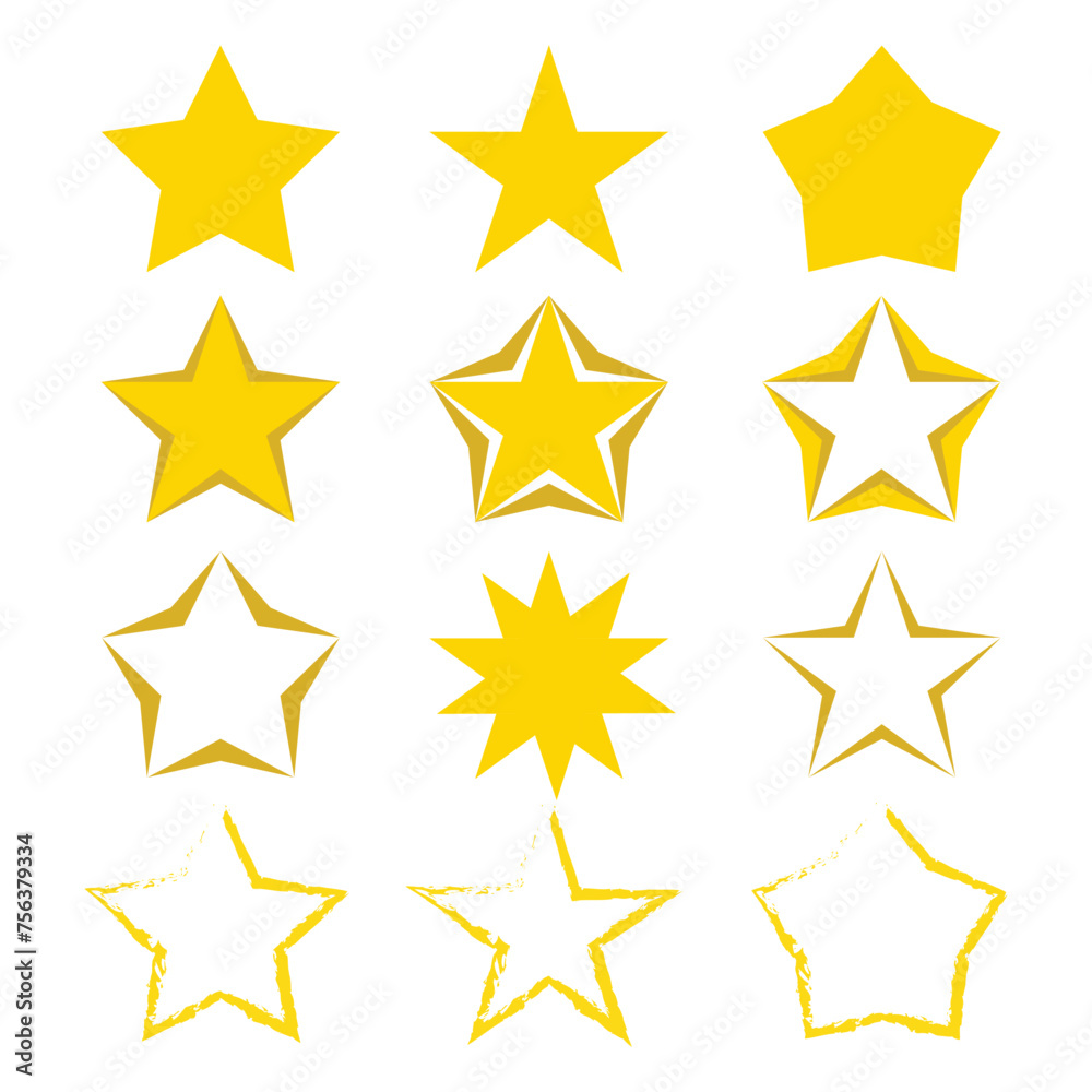Set of golden star icons. Yellow star icon set. Design element. Golden stars set. Winner award sign. Isolated star symbol. Vector illustration. Set of golden star icons. Yellow star icon set. Design element. Golden stars set. Winner award sign. Isolated star symbol. Vector illustration.