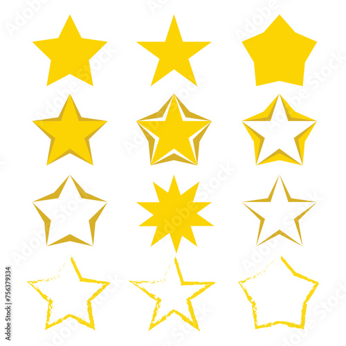 Set of golden star icons. Yellow star icon set. Design element. Golden stars set. Winner award sign. Isolated star symbol. Vector illustration.