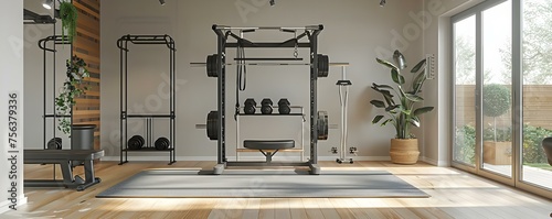 Minimalist home gym with essential workout equipment . Concept Home Gym, Minimalist Design, Essential Equipment, Workout at Home, Fitness Essentials