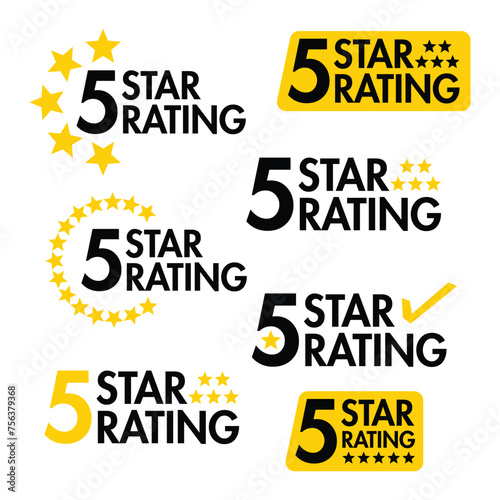Set of 5 star rating badge. Yellow stars rating badges collection. Vector illustration