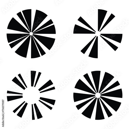 Set of circle shapes. Set of monochrome white circle with black rays. Abstract hypnotic lines in form of stripes in form of circle. Geometric logo. Design element