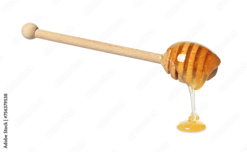 Natural honey dripping from dipper on white background Natural honey dripping from dipper on white background