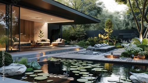 Modern cozy garden with a swimming pond and ample seating options. Generative AI.