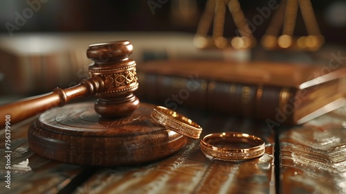 Wedding rings and judge's gavel. Divorce or marriage concept.