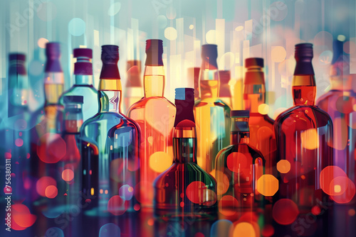 Vibrant alcohol bottles with colorful bokeh, suitable for festive celebration concepts, with copy space for text