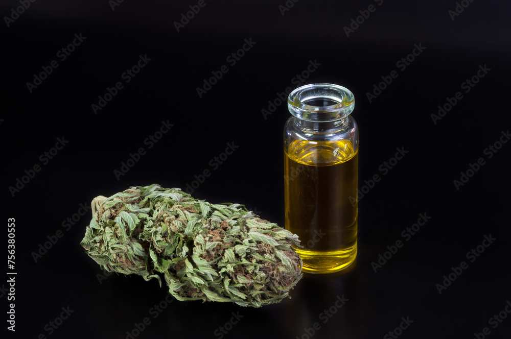 still life of dried marijuana buds and small glass transparent bottle filled with cannabis infused olive oil on black background