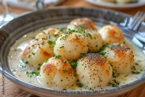 Yeast dumplings with vanilla sauce sprinkled with poppy seed.