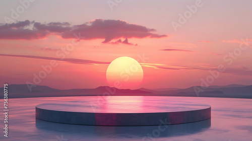 Empty podium for goods against the backdrop of mountains and a gentle pink sunset. for a product with 3D rendering of a realistic presentation for advertising the product.