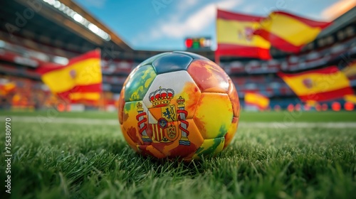 Soccer ball with flags of Spain on the background of the stadium. Concept of 2024 UEFA European Football Championship