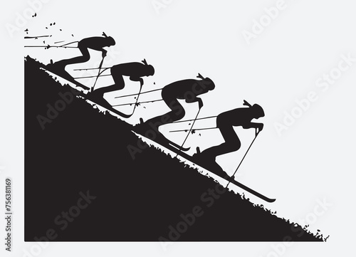 silhouettes of skiers on a snowboard 