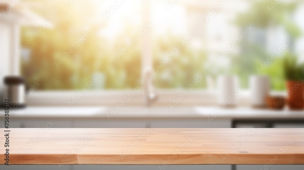 An empty wooden countertop on a blurred kitchen background. Horizontal Banner, Template, Layout, showcase, platform for demonstration, Presentation of goods of Kitchen Utensils, dishes, Food.