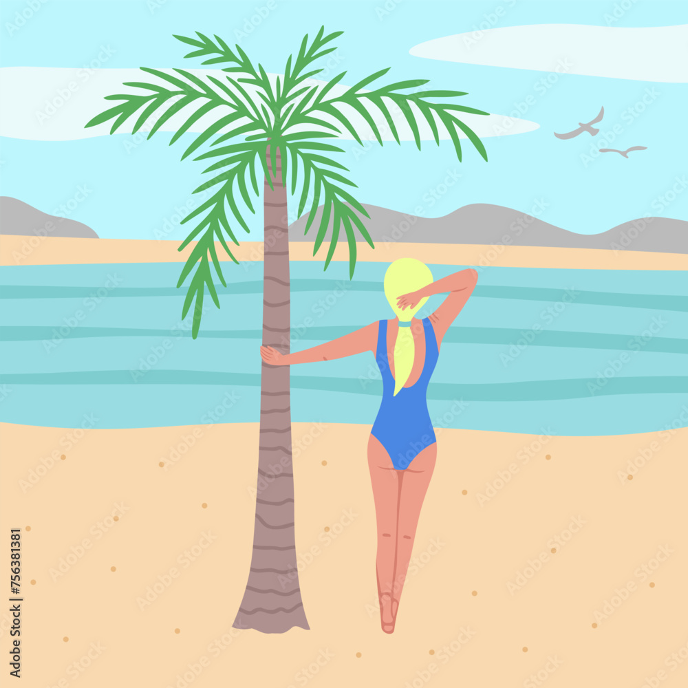 blonde girl hold on palm tree and see on sea, summer time. Vector Illustration for backgrounds and packaging. Image can be used for greeting cards, posters and stickers. Isolated on white background.