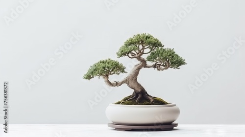 a bonsai tree with white background. Negative space. Free space for text. Generative AI