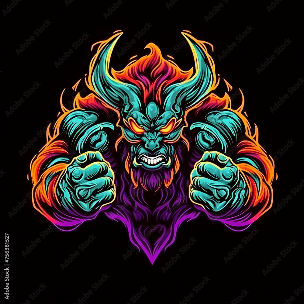 Strong and Muscular Monster Illustration for T-shirt Design. Evil Creature Mascot