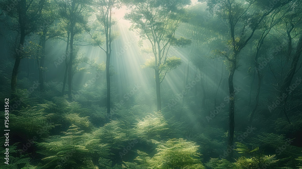 Mountain forest with light beams. Generative AI.