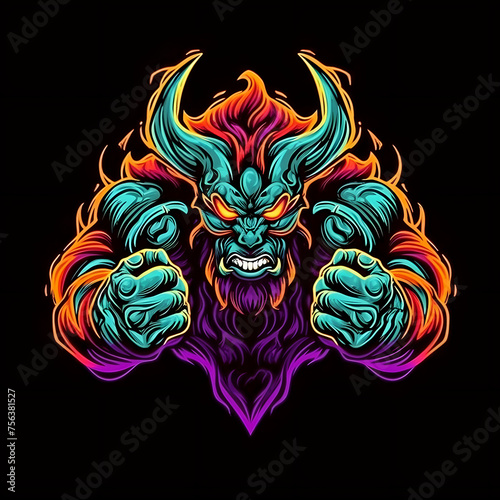 Strong and Muscular Monster Illustration for T-shirt Design. Evil Creature Mascot