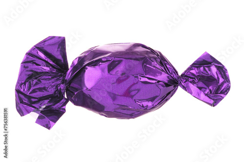 Candy in purple wrapper isolated on white