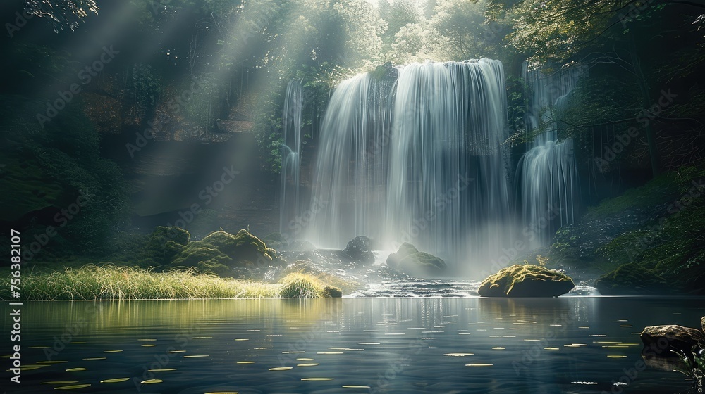 The waterfall with cliffs full of saturated meadow. Generative AI. The waterfall with cliffs full of saturated meadow. Generative AI.