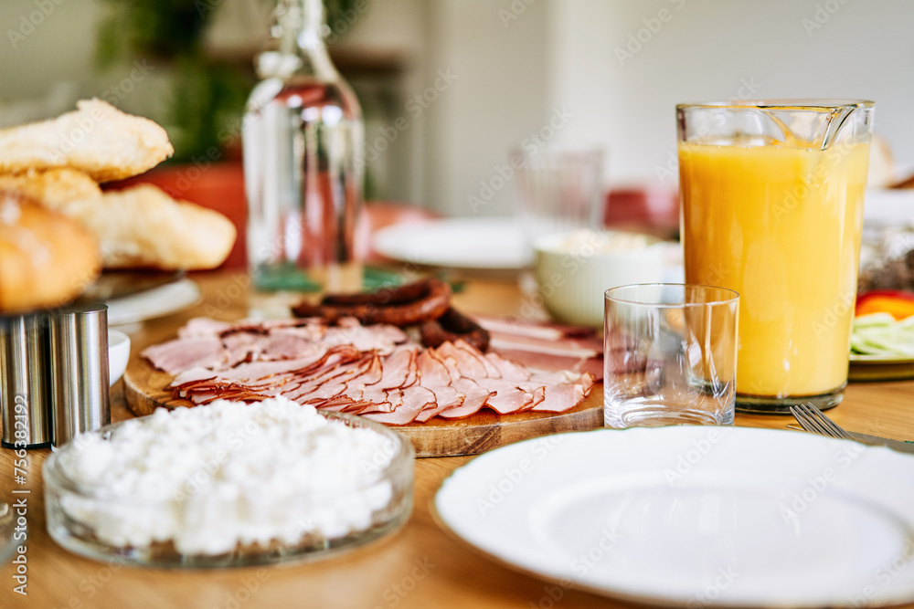 Close-up shot of continental breakfast table