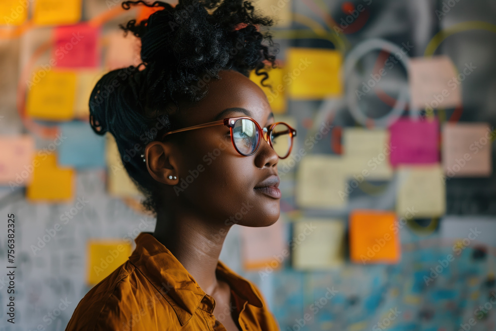 Portrait of a woman in glasses in front of a wall covered with colored post-it notes. A slide background for showcasing the brainstorming process. Created with Generative AI technology.