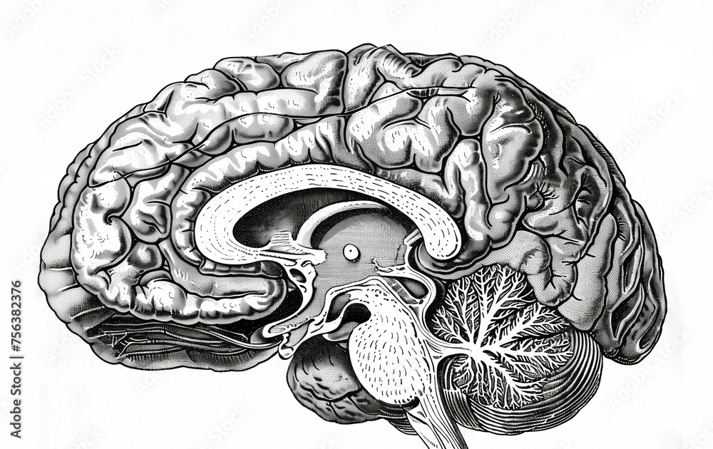 Detailed vintage-style illustration of a human brain in black and white ...