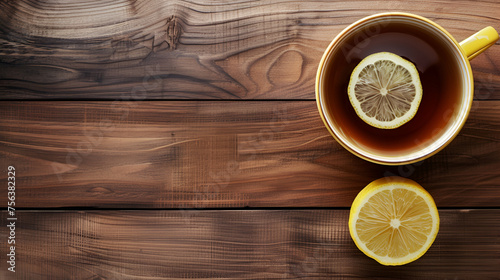A wooden background featuring a cup of tea and a caramel custard dish with copy space. top view, flat lay