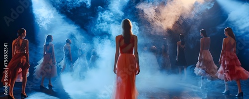 Fashion show catwalk girls in dresses surrounded by smoke . Concept Fashion, Catwalk, Girls, Dresses, Smoke photo