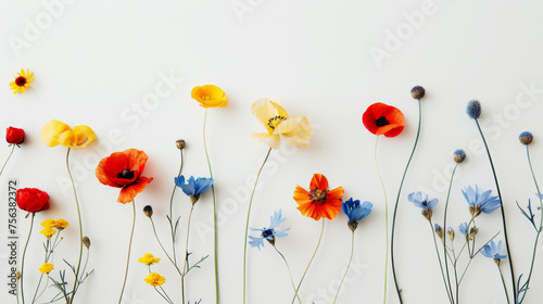 Top view of fresh red poppies  blue and yellow wildflowers. Light background. Boho style. Generative AI