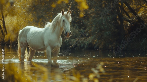 A majestic white unicorn stands serene in a forest clearing, bathed in the golden light of the setting sun, evoking a tranquil fantasy scene. © petrrgoskov