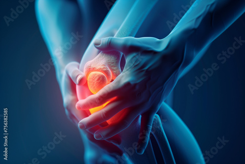 3D illustration of a person experiencing knee pain with highlighted inflammation areas, suitable for medical diagrams and educational content with copy space