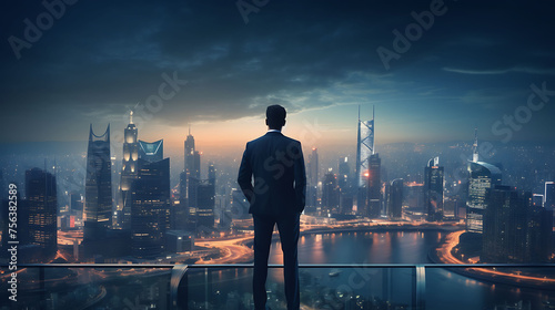 A confident businessman consultant, his gaze unwavering as he stands before a panoramic cityscape, symbolizing his mastery of the urban landscape