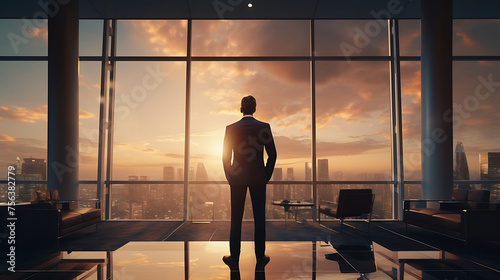 A confident businessman consultant  his silhouette outlined against a backdrop of floor-to-ceiling windows  commanding the attention of the viewer with his magnetic presence