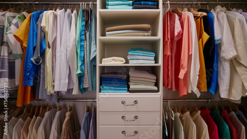An orderly closet showcases a variety of colorful clothing and organized storage solutions.