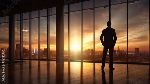 A confident businessman consultant, his silhouette outlined against a backdrop of floor-to-ceiling windows, commanding the attention of the viewer with his magnetic presence